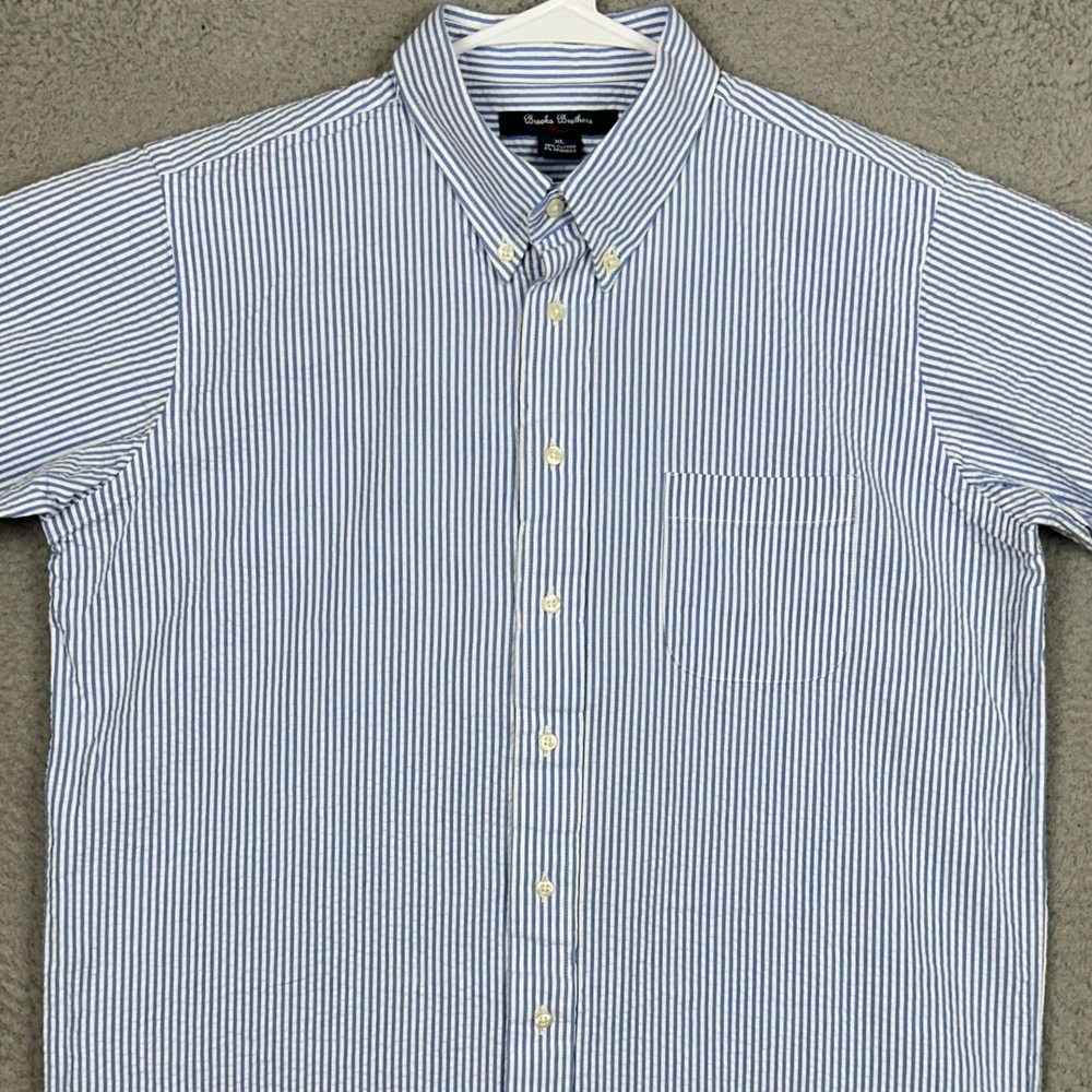 Brooks Brothers Shirt Mens Large Fleece Blue White Stripe Seersucker Button Down